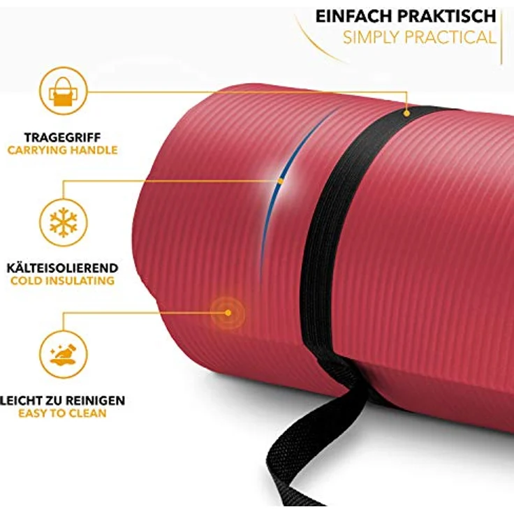 TRESKO Yogamatte, Phthalatfrei, rutschfest, Gymnastikmatte mit Tragegurt, 185x60 cm, Rot, 1,5 cm dick – Bild 2