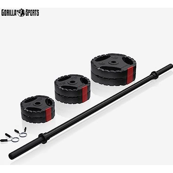 GORILLA SPORTS® Langhantel Set 20 kg - inkl. Hantelscheiben 2x1,25kg, 2x2,5kg, 2x5kg, 30mm, Aerobic Langhantelstange 130 cm, mit 2 Federverschlüsse, Kunststoff - Hantelset, Langhantelset – Bild 2