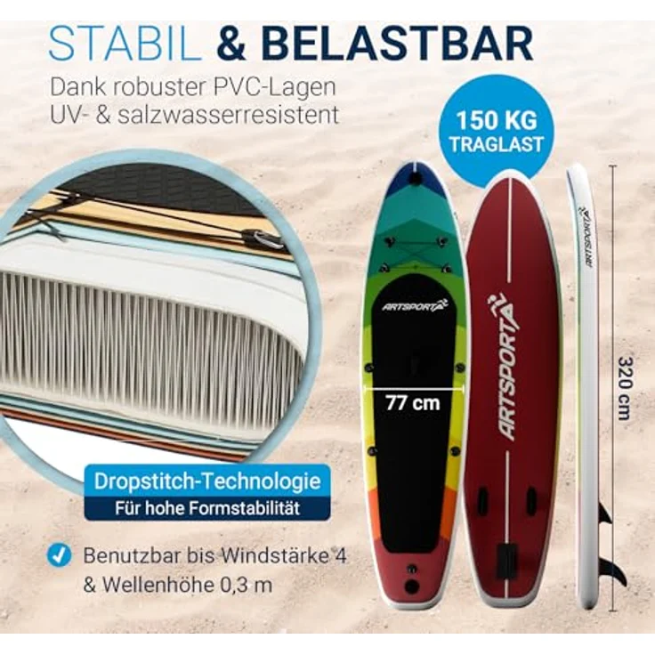 ARTSPORT® Stand Up Paddling Board Set Retro Love, aufblasbar 320 cm, inkl. Kajaksitz, Action-Cam Halterung & Zubehör, Tragkraft 150 kg – Bild 3