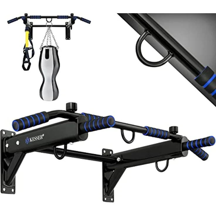 KESSER® 4in1 Klimmzugstange zur Wandmontage rutschfesten Griffen zusätzliche Funktion für Seile Ringe und Boxsäcke mit verschiedenen Griffpositionen | sicher & stabil | Pull Up Bar für zuhause, Blau – Bild 1