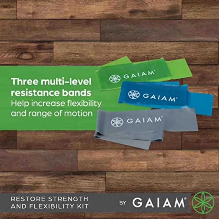 Gaiam Massage-Therapie Restore Strength and Flexibility Kit, drei farbkodierte Pilates-Bänder für verbesserte Flexibilität und Beweglichkeit, inklusive Übungsanleitung – Bild 3