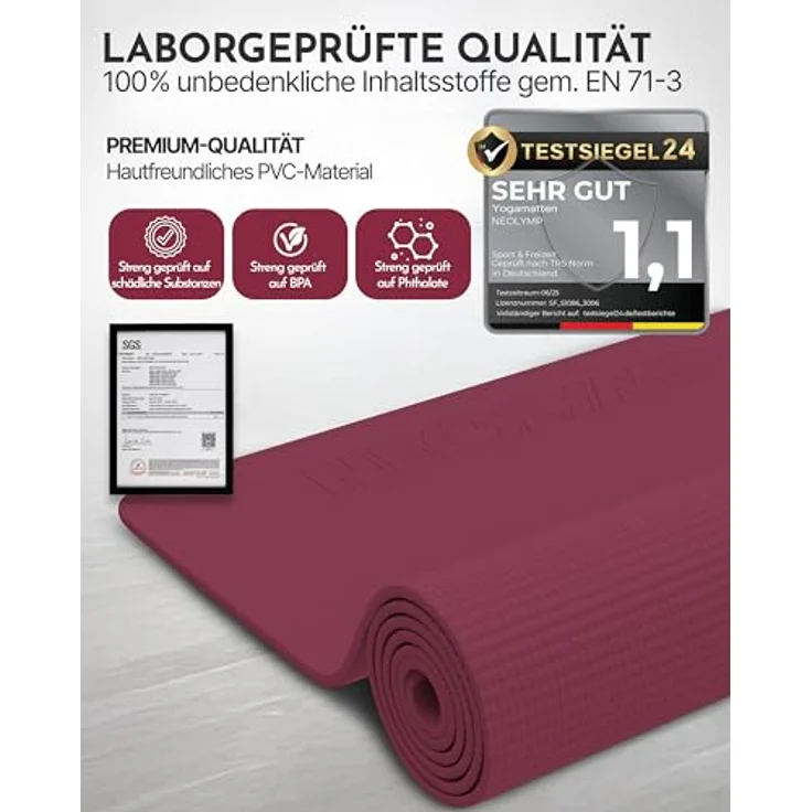 NEOLYMP Yogamatte rutschfest & gelenkschonend, 183x61cm Trainingsmatte aus PVC für Yoga, Pilates und Workout, Aubergine – Bild 4