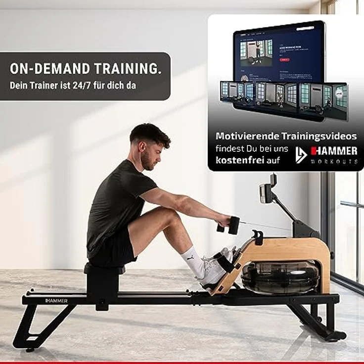 HAMMER Wasser-Rudergerät RowFlow 5.0 NorsK, edles Holz-Design, 20 Programme, innovativer Rudergriff – Bild 3