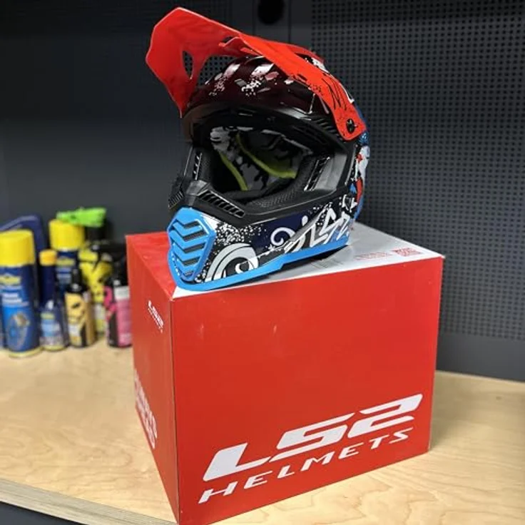 LS2 MX437 Fast Evo II Mini Starmaw, Kinder Motocross Helm, schwarz/rot/blau, KPA-Material, hypoallergen, mehrfach verdichtetes EPS, 06 homologiert, Y/M (49/50) – Bild 4