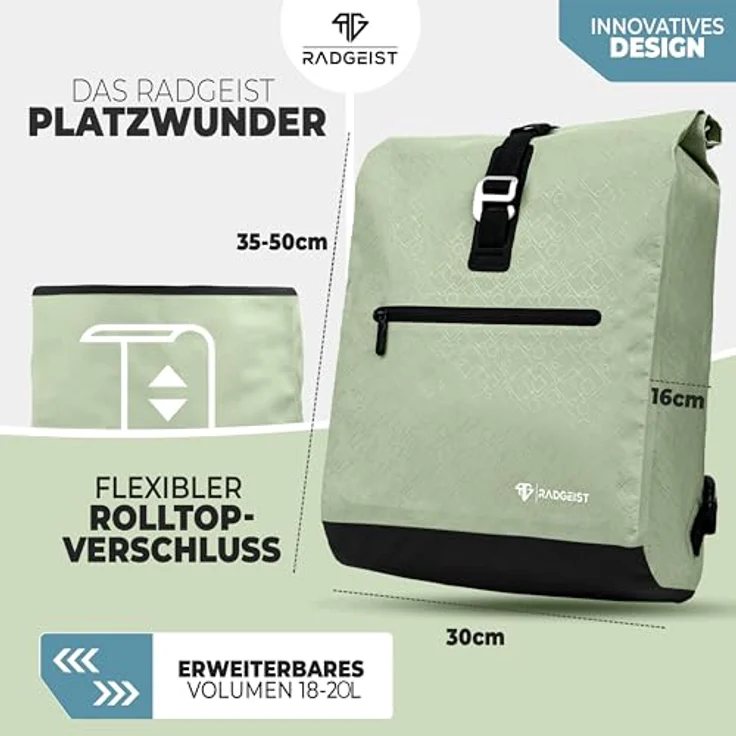 RADGEIST Fahrradtasche für Gepäckträger, 20L Rucksack & Umhängetasche in Mint, wasserdicht, mit Laptopfach, für Damen & Herren – Bild 4