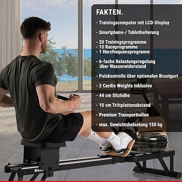 HAMMER Wasser-Rudergerät RowFlow 5.0 NorsK, edles Holz-Design, 20 Programme, innovativer Rudergriff – Bild 5