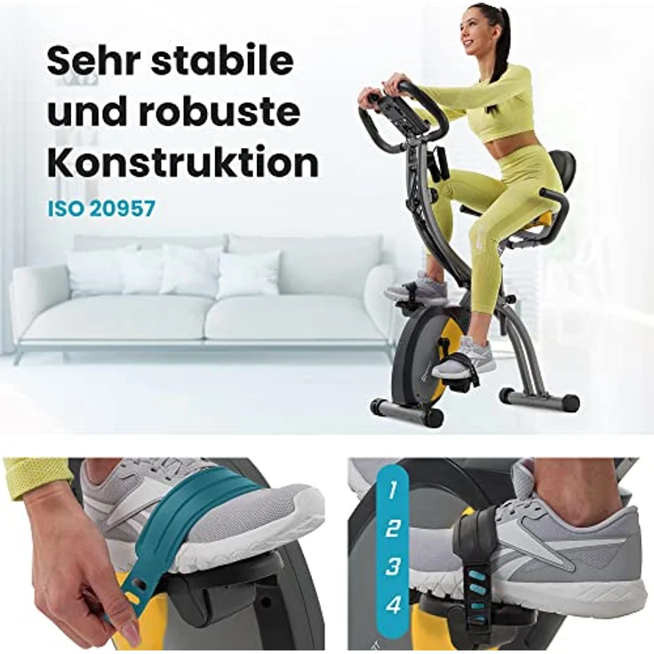 HS HOP-SPORT 3-in-1 Fitness Heimtrainer klappbar HS-3010x Grix - Fitnessfahrrad mit Rückenlehne, Widerstandsbändern, LCD-Display (Grau/Gelb) – Bild 2