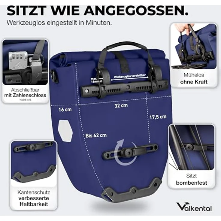 Valkental® Gepäckträgertasche ValkBasic, große & wasserdichte Fahrradtasche mit 23-28L Volumen, abschließbar und reflektierend, bombenfester Sitz, langlebig – Bild 2