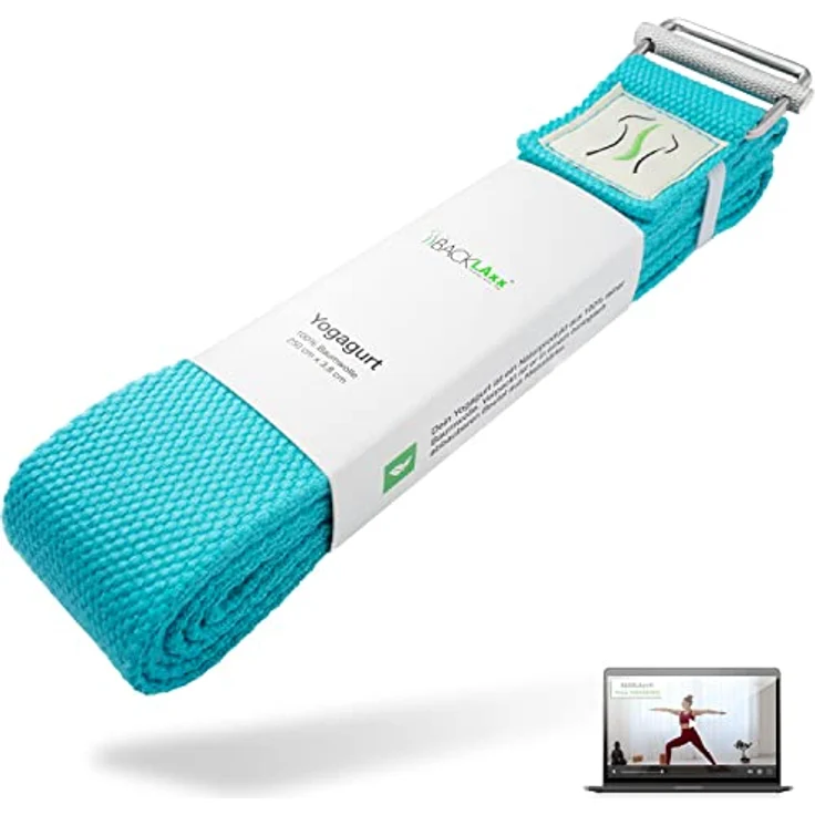 BACKLAxx® Yoga Gurt Baumwolle (petrol) – Nachhaltiges Yoga Zubehör Set, Yogagurt 250 cm lang mit praktischem Verschluss aus Metall – Yoga Set ideal für Yoga, Pilates und Dehnen inkl. Anwendungsvideos – Bild 1