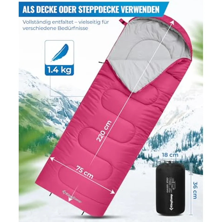 KingCamp Oasis Serie Deckenschlafsack mit Kopfteil, 220 × 75 cm, wasserabweisend, 3-Jahreszeiten, Komfortbereich 12°C bis -3°C – Bild 2
