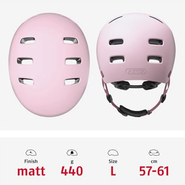 ABUS XOXO Fahrradhelm, Cityhelm im Skater-Look für Skateboard, Fahrrad und Scooter, optimiertes Kinnpolster, Größe L, Rosa – Bild 3