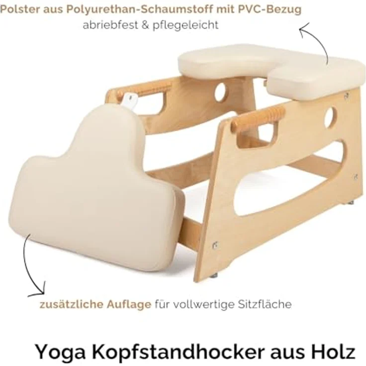 Bodhi Kopfstandhocker, Yoga Hocker aus Holz mit ergonomischen Griffen, Polster für Umkehrhaltung, inklusive Zusatzpolster, beige – Bild 3