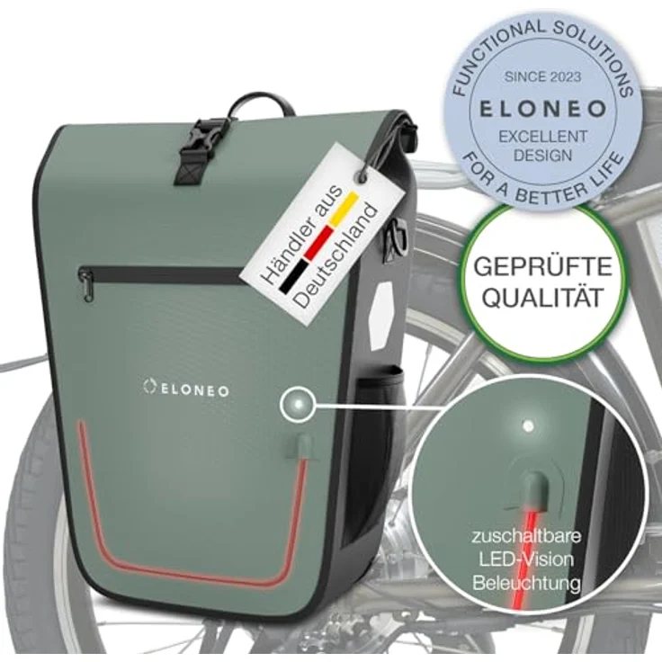 Eloneo Velotasche, Gepäckträgertasche mit 25 l, gepolstertem Laptopfach, wasserdicht, zuschaltbare LED-Beleuchtung – Bild 8