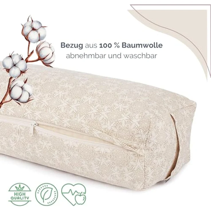 Bodhi Yoga Bolster SALAMBA Madurai | Maharaja Collection | Rechteckig | Waschbarer Bezug aus Baumwolle | Yogarolle mit Dinkelfüllung | Yoga Zubehör für Restorative Yoga und Yin Yoga | Ecru – Bild 2