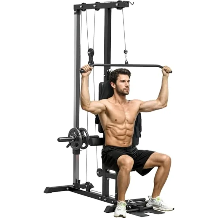 SPORTNOW Multifunktionale Kraftstation für Zuhause, Latzugturm mit Ruderzügen und Trizepsstange, bis 50 kg verstellbarer Widerstand, 140x108x197 cm, schwarz