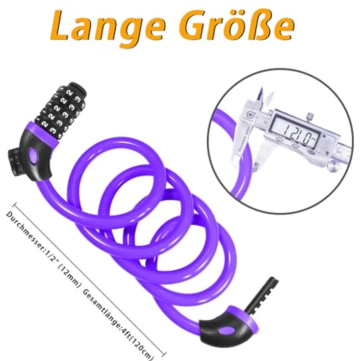 REHKITTZ Fahrradschloss 120cm/12mm Kabelschloss, sehr hohe Sicherheitsstufe mit 5-stelligem Zahlencode und Befestigungsbügel, violett – Bild 3