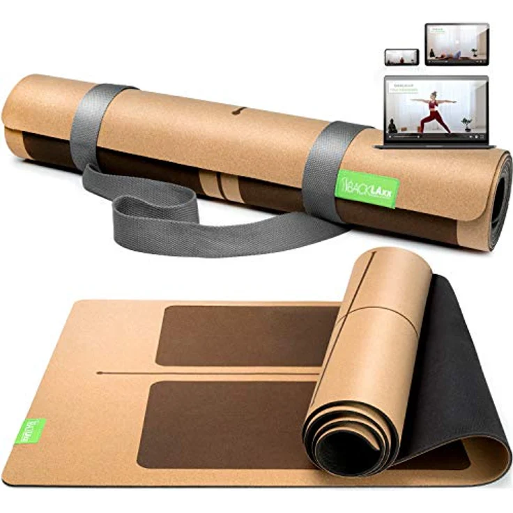 BACKLAxx® Yogamatte Kork mit Naturkautschuk - Yoga Matte nachhaltig, schadstofffrei, Yogamatte rutschfest, Fitnessmatte mit Anti-Rutsch-Zonen inkl. Tragegurt, Turnmatte für Yoga und Matte Sport – Bild 1