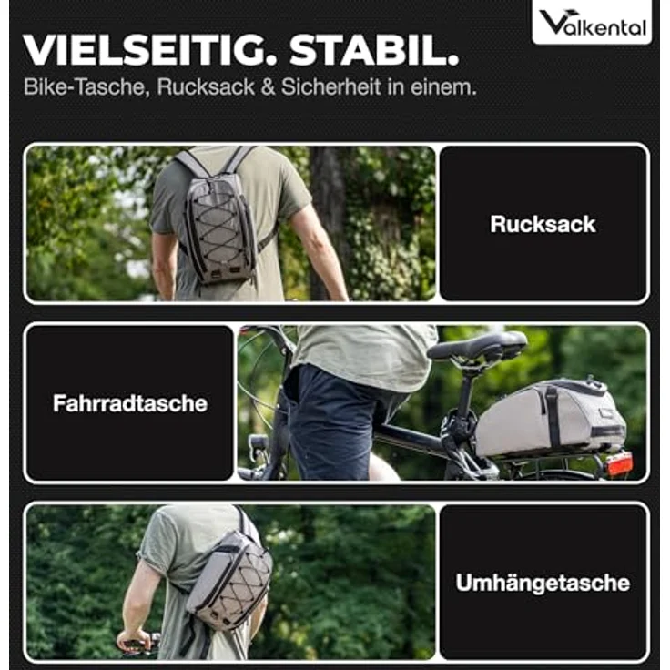 Valkental 3in1 Fahrradtasche für Gepäckträger, 10-14L Volumen, wasserfest & reflektierend, mit Rucksackfunktion und Tragegriff, schwarze Variante – Bild 5