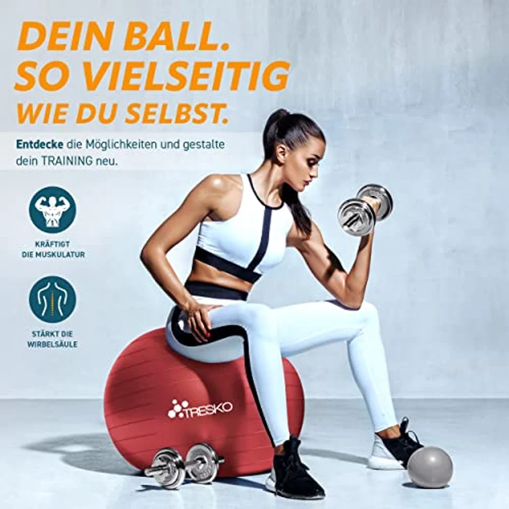 TRESKO Gymnastikball mit GRATIS Übungsposter inkl. Luftpumpe - Yogaball BPA-Frei | Sitzball Büro | Anti-Burst | 300 kg,Rot,75cm (für Körpergröße 175 - 185cm) – Bild 2