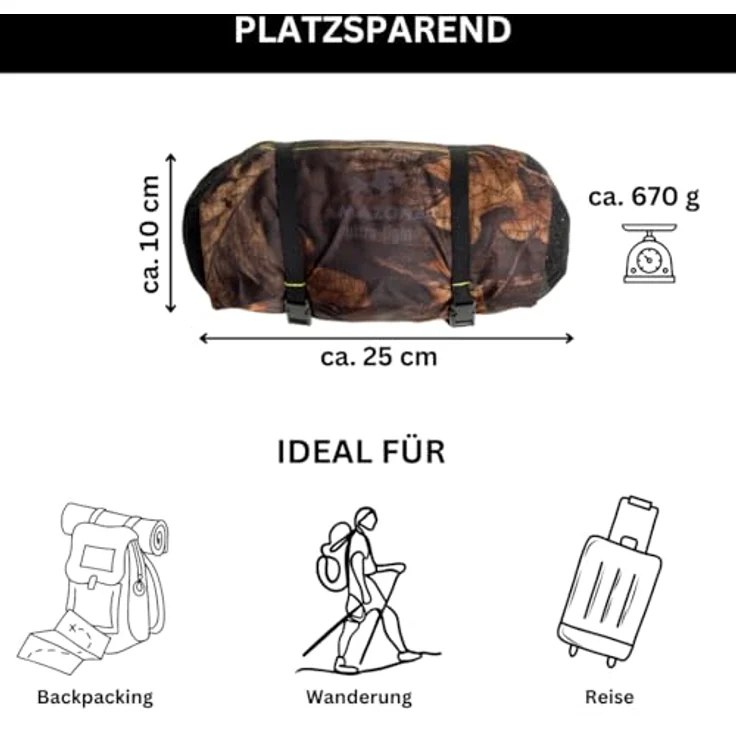 AMAZONAS Traveller Tarp Forest, Ultra-Light Wetterschutz aus Fallschirmseide, 650g, Packmaß 25 x 10 cm, Tarnoptik Blätterwald – Bild 4