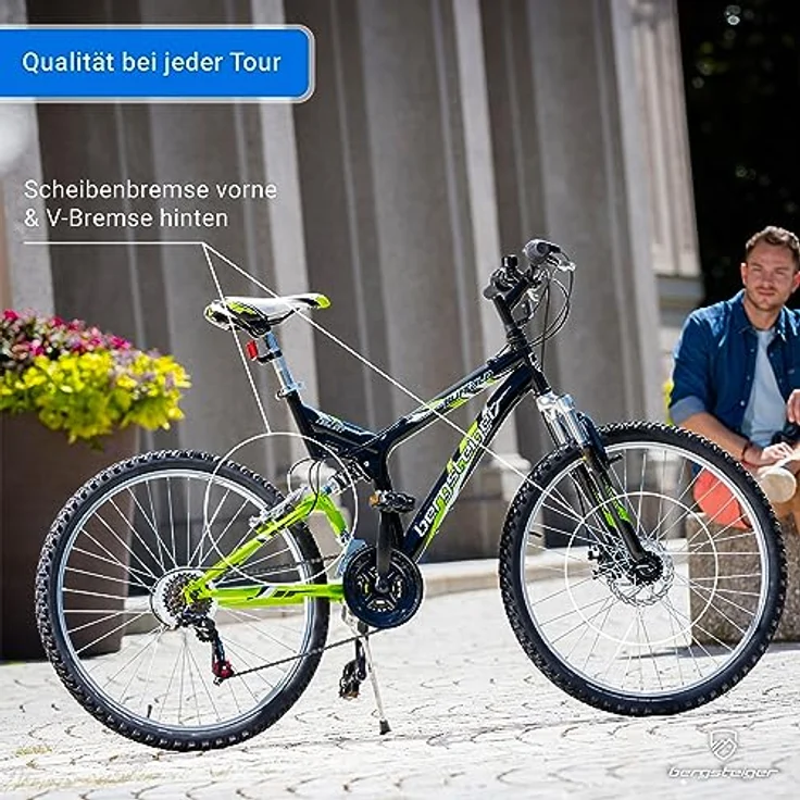 Bergsteiger Buffalo 26 Zoll Mountainbike, 18 Gang-Schaltung, vollgefederter Hi-Ten Stahlrahmen, Scheibenbremse, Licht, Schutzblech, geeignet ab 155 cm – Bild 4