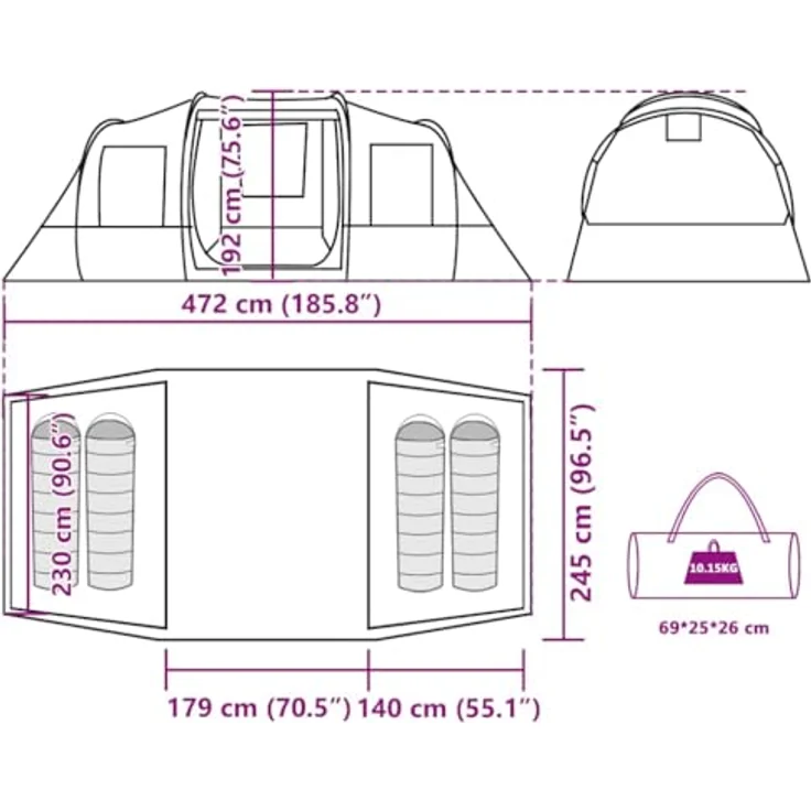 vidaXL Tunnelzelt 4 Personen Camouflage, wasserdichtes Campingzelt mit zwei Schlafkabinen und E-Anschluss, einfacher Auf- und Abbau – Bild 3