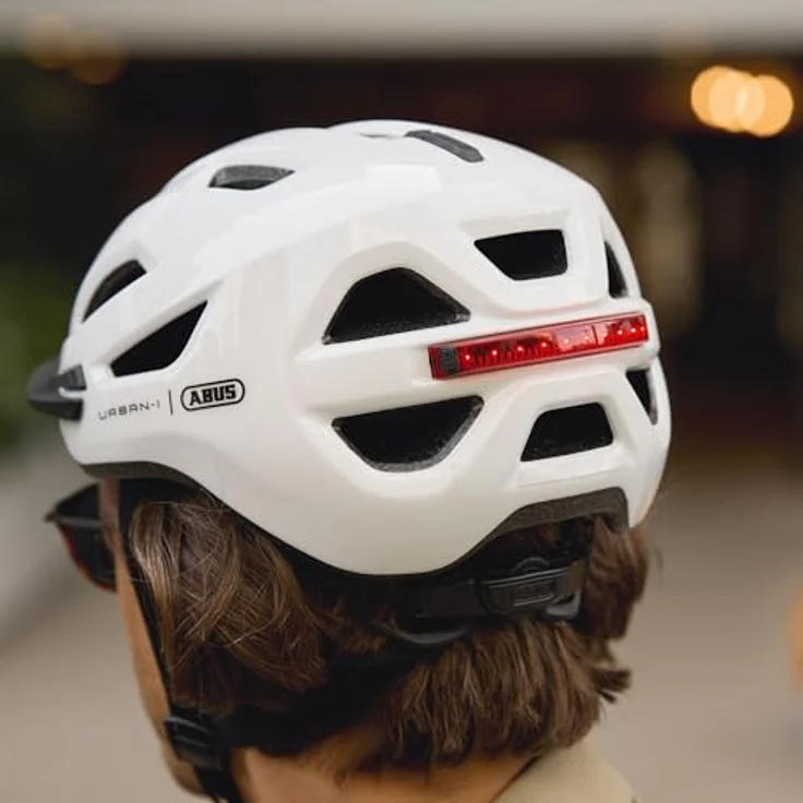 ABUS Stadthelm Urban-I 4.0, Fahrradhelm Größe XL mit aufladbarem Rücklicht, 2 Leuchtmodi, Schirm, Zopf-Öffnung und magnetischem Verschluss, weiß – Bild 10