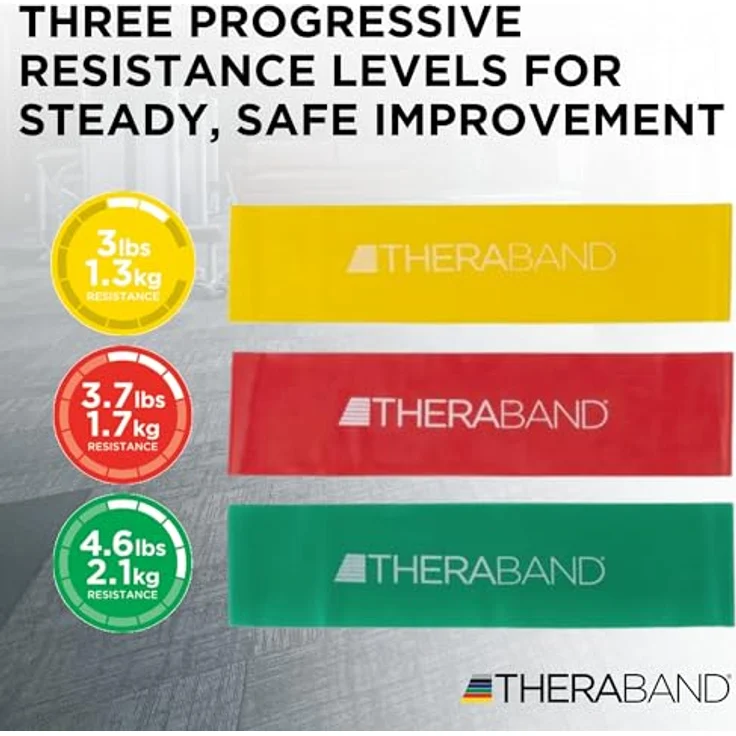 THERABAND Fitnessband Set 1,50m gelb, rot & grün | Gymnastikband aus 100% Naturlatex | Widerstandsband für Ganzkörpertraining | inklusive Übungsanleitung – Bild 2