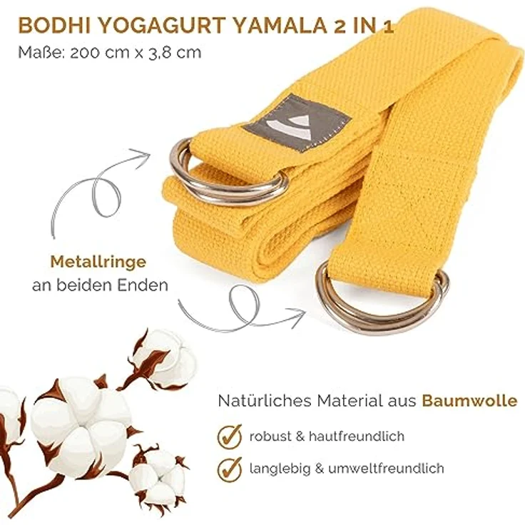 Bodhi Yamala Yogagurt 2 in 1, Baumwolle, 2 Meter lang, waschbarer Tragegurt mit Metallverschluss für dicke Yogamatten, safran – Bild 2