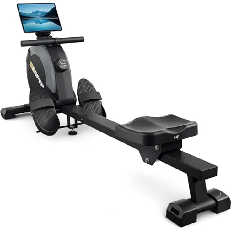 Hop-Sport Rudergerät für zuhause Aspen - Klappbares Rudergerät in Schwarz/Grau/Gold mit Magnetbremssystem, 16 Widerstandsstufen, LCD-Anzeige & Ipad-Halterung, bis 120kg belastbar – Bild 4
