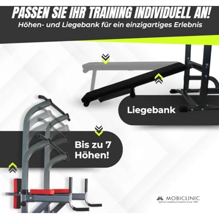 Mobiclinic® Fitness, Krafttrainingsstation, 9 in 1, klappbar, Domifit, verstellbar in 8 Höhen, Klimmzugstange, Liegebank, Langhantelablage, Multifunktion, rutschfest, gepolstert, Stahlgrau – Bild 5