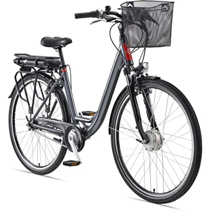 Telefunken E-Bike Elektrofahrrad Alu, 7-Gang Shimano, Pedelec Citybike mit Fahrradkorb, 250W, 13Ah, 36V Akku, 28 Zoll, anthrazit