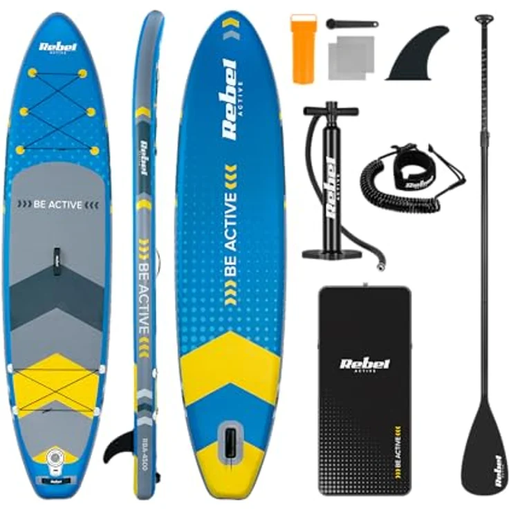 Rebel RBA-4500 Paddleboard SUP, 350 cm, maximale Tragfähigkeit 135 kg, blau, mit Zubehör und Hochvolumen-Elektropumpe – Bild 1