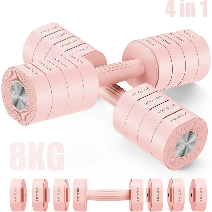 Merach Verstellbare 4-in-1 Kurzhanteln 2er Set (1–4 kg) – Fitness Dumbbells mit Sicherheitsverriegelung, rosa