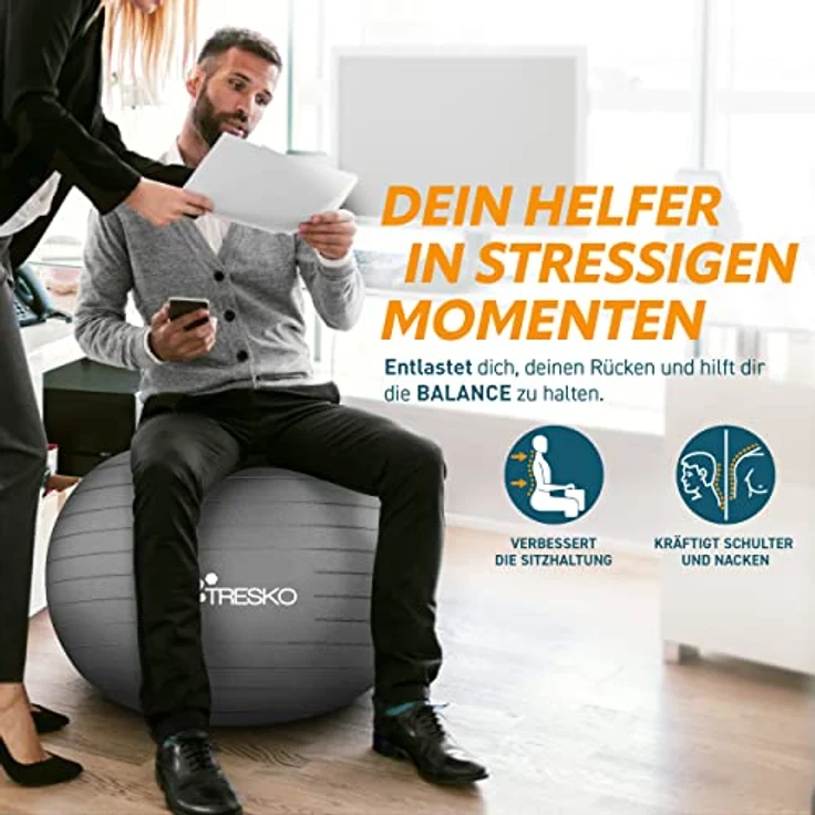 TRESKO Gymnastikball mit GRATIS Übungsposter inkl. Luftpumpe - Yogaball BPA-Frei | Sitzball Büro | Anti-Burst | 300 kg,Grau,75cm (für Körpergröße 175 - 185cm) – Bild 3