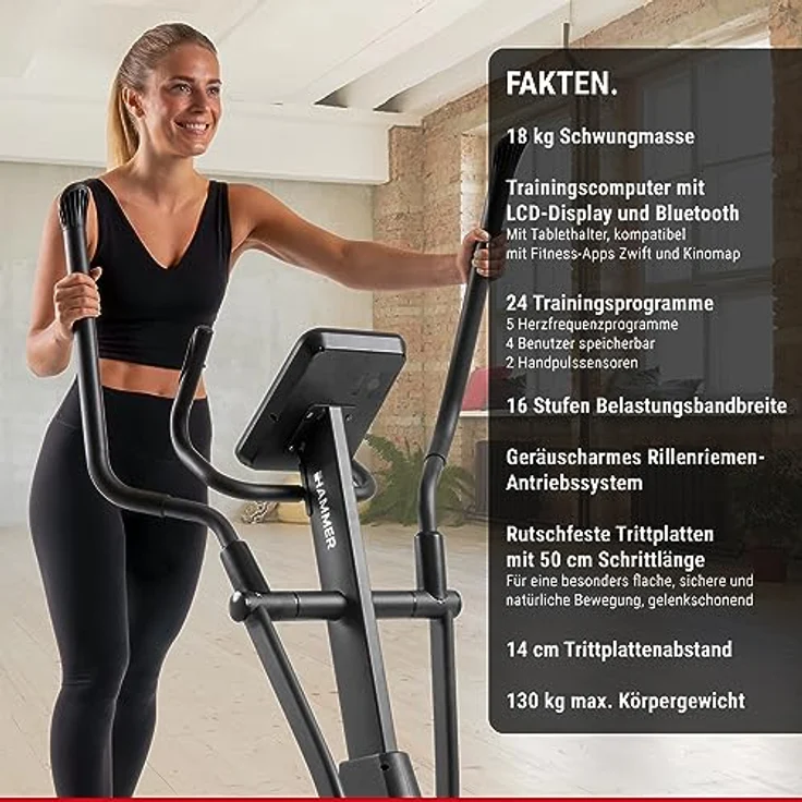 HAMMER Ellipsentrainer SpeedMotion II, 3-fache Steigung, 24 Programme, 18 kg Schwungmasse, Kinomap & Zwift - Preisvergleich – Bild 2