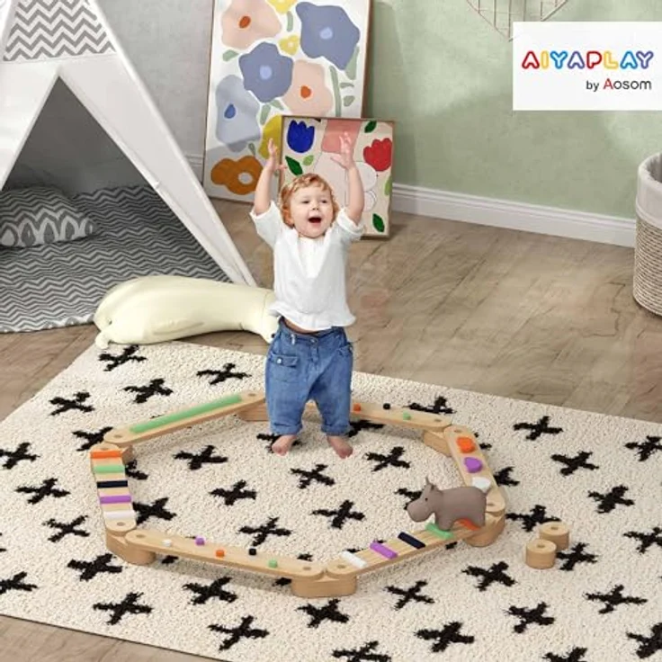 AIYAPLAY Balanceboard Holz Schwebebalken, Mehrfarbig mit Bunte Hindernissteine, für Koordination und Stabilität, geeignet für 3-8 Jahre Kinder – Bild 2