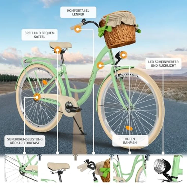Milordbikes City-Fahrrad, Grün und Creme, 46 cm, Metallrahmen, geeignet für Freizeit und Sport – Bild 2