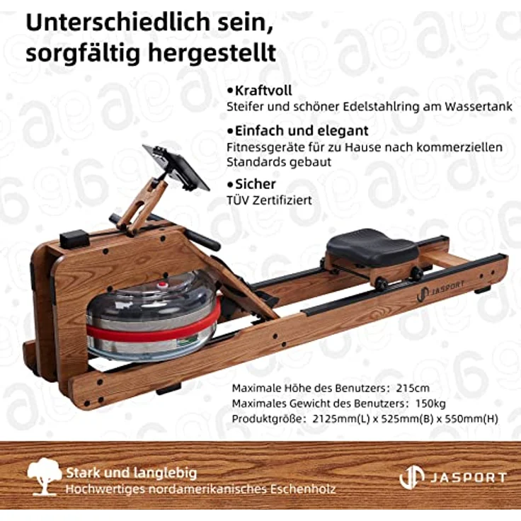 JASPORT R1 | Wasser-Rudergerät für zuhause aus Massiveholz (Esche) | Rudermaschine mit Trainingscomputer (Kinomap kompatibel) & Tablethalterung (Natur) - Preisvergleich – Bild 3