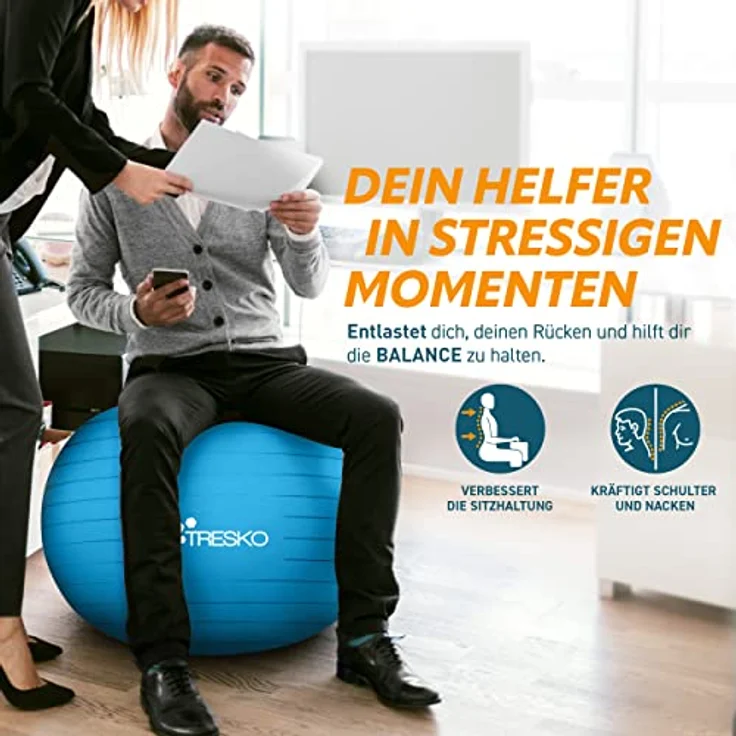 TRESKO Gymnastikball mit GRATIS Übungsposter inkl. Luftpumpe - Yogaball BPA-Frei | Sitzball Büro | Anti-Burst | 300 kg,Blau,85cm (für Körpergröße über 185cm) – Bild 3
