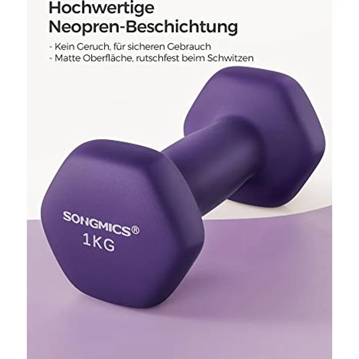 SONGMICS Hanteln, 2er Set, 2 x 1 kg, Hantelset, Kurzhanteln, Hexagon, Neopren-Beschichtung, Krafttraining, Workout, Fitnesstraining, für Zuhause, lila SYL902P02 – Bild 2