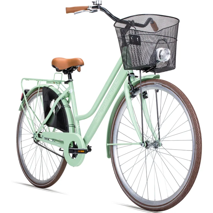 Bergsteiger Amsterdam 26 Zoll Damenfahrrad, Korb, Fahrrad-Licht, Hollandrad im Retro-Design, Blau