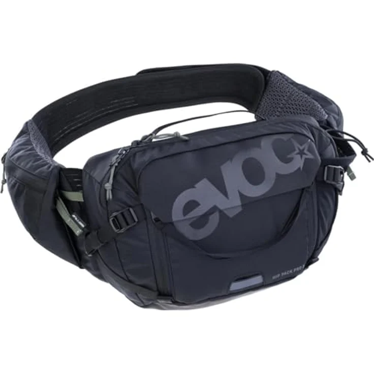 EVOC HIP PACK PRO 3 + HYDRATION BLADDER 1,5, Hüfttasche mit AIR FLOW CONTACT SYSTEM, AERO FLEX Hüftgurt, 1,5l Trinkblase und Werkzeugfach, One Size, Schwarz – Bild 1