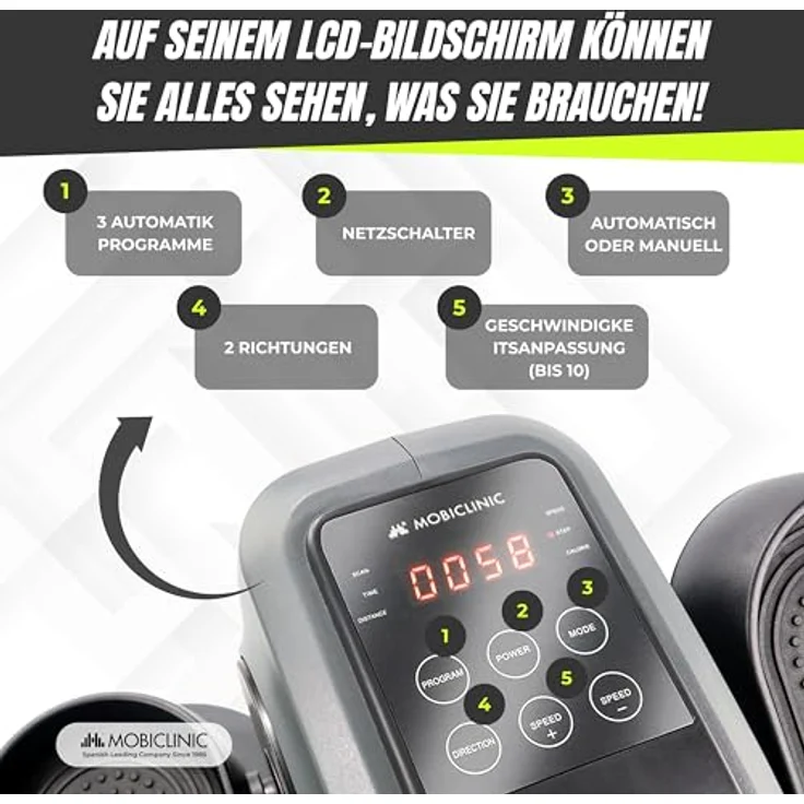 Mobiclinic Veleta, Mini Bike Heimtrainer mit 10 Geschwindigkeiten, 3 Programmen, LCD-Display, einstellbarem Widerstand und rutschfesten Pedalen – Bild 3