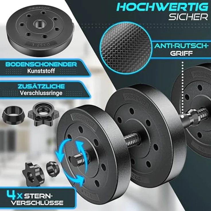 RE:SPORT 2er Hanteln Set verstellbar 15/20/30/40 kg, Hantelset mit rutschfestem Griff, 4 Sternverschlüssen und Zubehör für effektiven Muskelaufbau – Bild 3