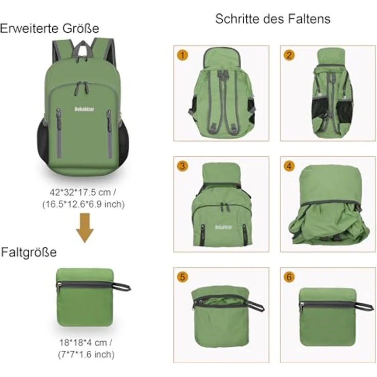 Bekahizar Faltbarer Rucksack 20L, leichter und wasserabweisender Wanderrucksack für Männer, Frauen und Jugendliche, Armee grün – Bild 3