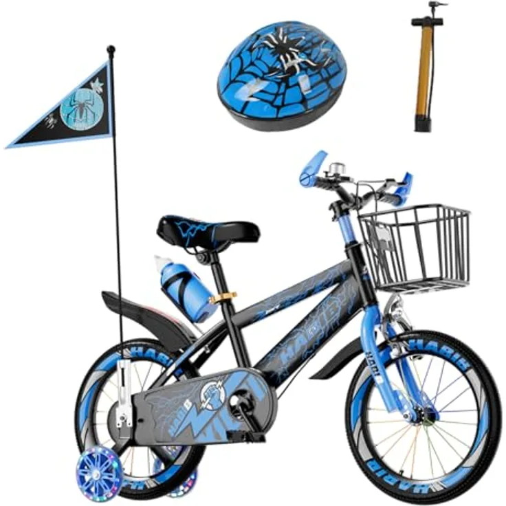 Habib Gruppe Kinderfahrrad, Komplettset mit Sicherheitshelm, LED-Stützrädern, höhenverstellbarem Lenker und stabilem Stahlrahmen