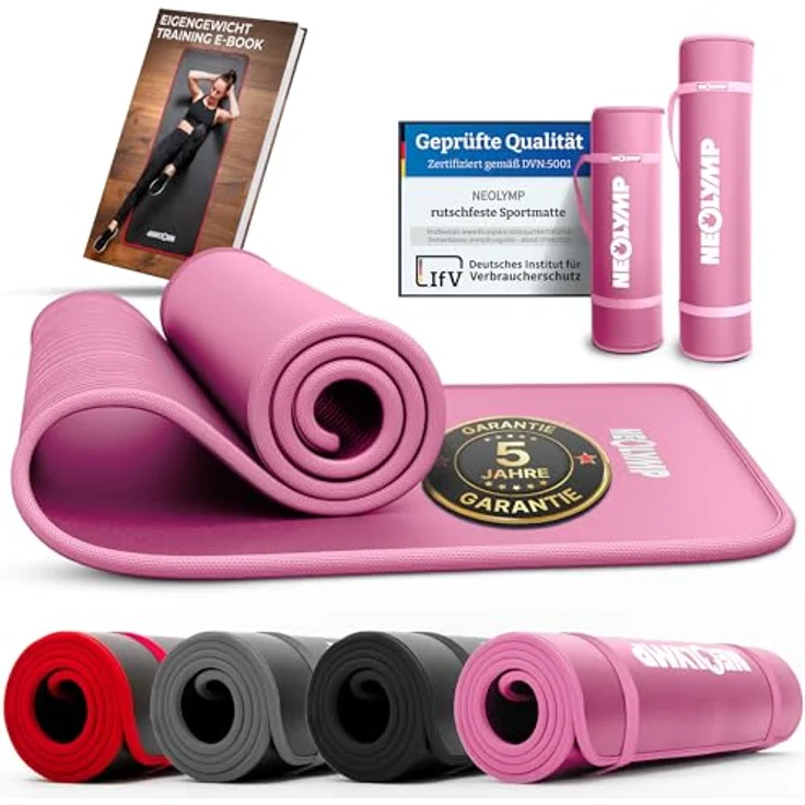 NEOLYMP Fitnessmatte, Yogamatte in Pink mit Tragegurt und Trainingsbuch inklusive Übungseinheiten – Bild 1