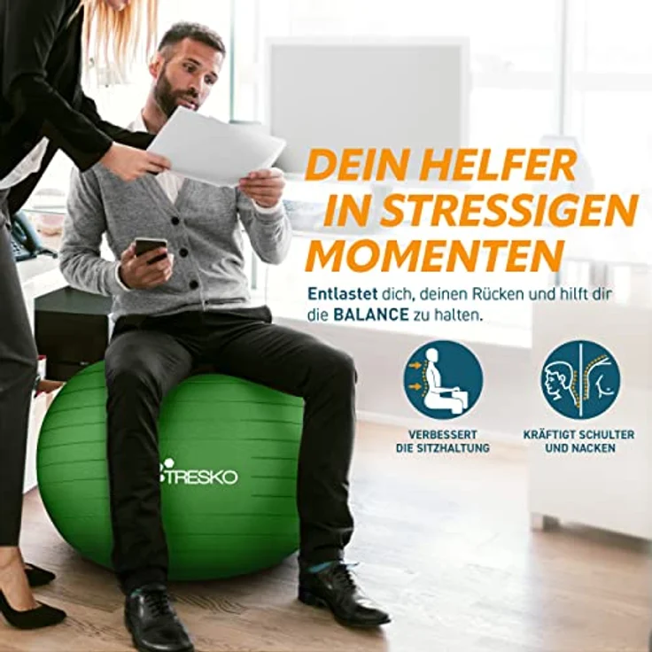 TRESKO Gymnastikball mit GRATIS Übungsposter inkl. Luftpumpe - Yogaball BPA-Frei | Sitzball Büro | Anti-Burst | 300 kg,Grün,55cm (für Körpergröße unter 155cm) – Bild 3