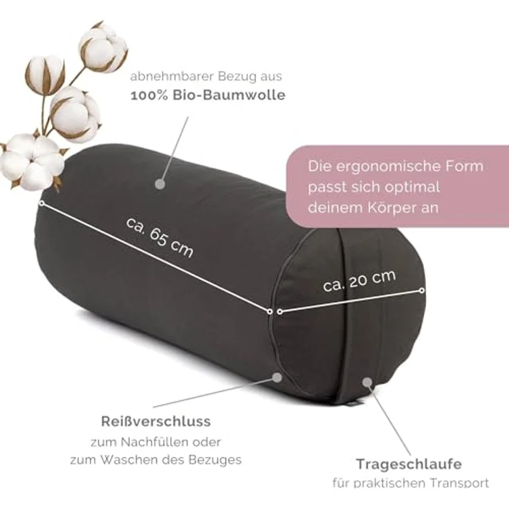 Bodhi | Yoga Bolster | 100% Bio-Baumwolle | Yogarolle mit Bio Dinkelfüllung | Waschbarer Bezug | Yogakissen rund für Restoratives Yoga Übungen | Groß ca. 65 x 20 cm | anthrazit – Bild 2